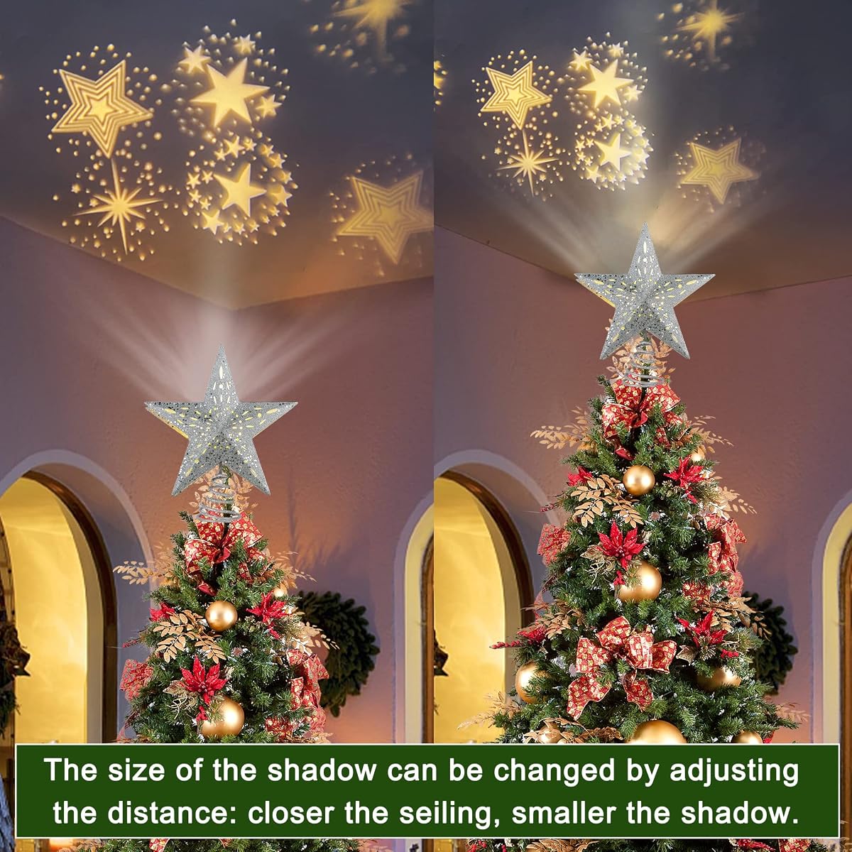 Lulu Home Christmas Tree Topper with Projector, 3D Hollow Glittered Metal Tree Topper with Rotating Star Projection, Plug-In Led Lighted Xmas Tree Star Topper for Christmas Decoration, 12 Inch, Silver - imagem de detalhe 2