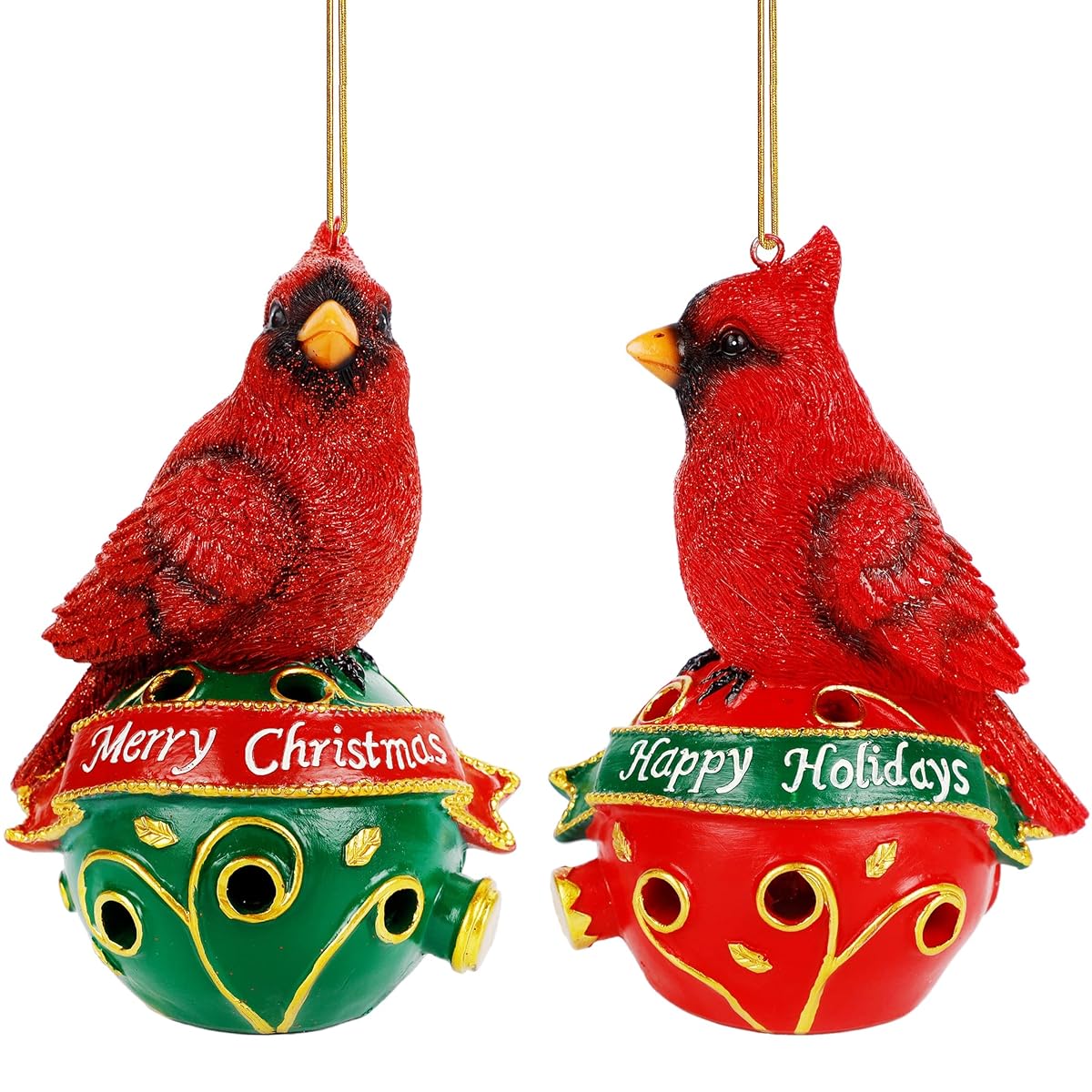 Lulu Home Christmas Hanging Decoration, 6" H Set of 2 Resin Cardinal Figures with Lighted Christmas Balls Base, Hanging Lifelike Red Birds with Pre-Strung Rope for Christmas Indoor Outdoor Decoration - 细节图 1