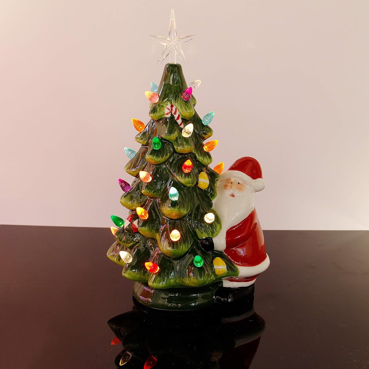 Lulu Home 13 Inch LED Light Up Ceramic Tabletop Christmas Tree with 54 Multicolored Lights and a 5 Point Star Topper, Green Vintage Ceramic Tree for Tabletop - detail image 4