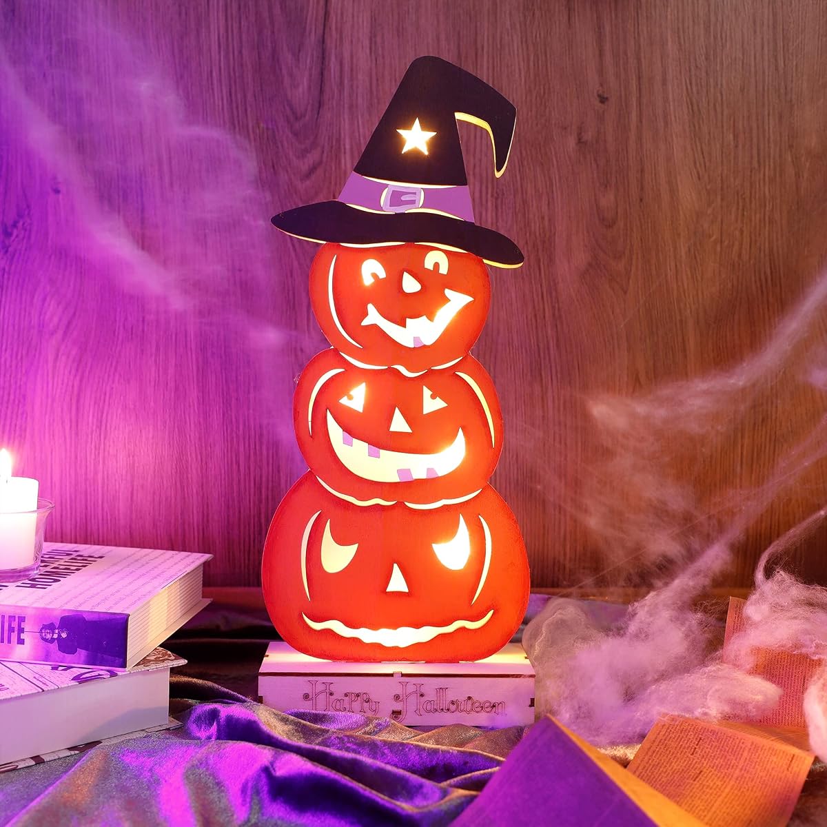 Lulu Home Halloween Tabletop Decoration, Wooden Lighted Stacked Jack-O-Lantern Decoration, Battery Operated Pumpkin Sign Indoor Fireplace Desk Kitchen Table Ornament, 16 x 6.5 x 2.7 in - imagem de detalhe 4