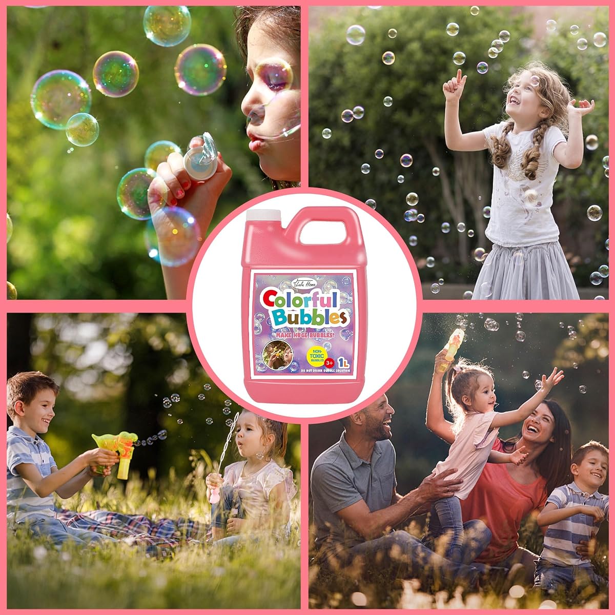 Lulu Home 2 Packs Bubble Concentrated Solution, 2 L/ 67.6 OZ Bubble Refill Solution for Kids Bubble Machine, Giant Bubble Wand, Bubble Blower, Birthday Party Favors - Up to 5 Gallons, Pink Bottle - 细节图 5
