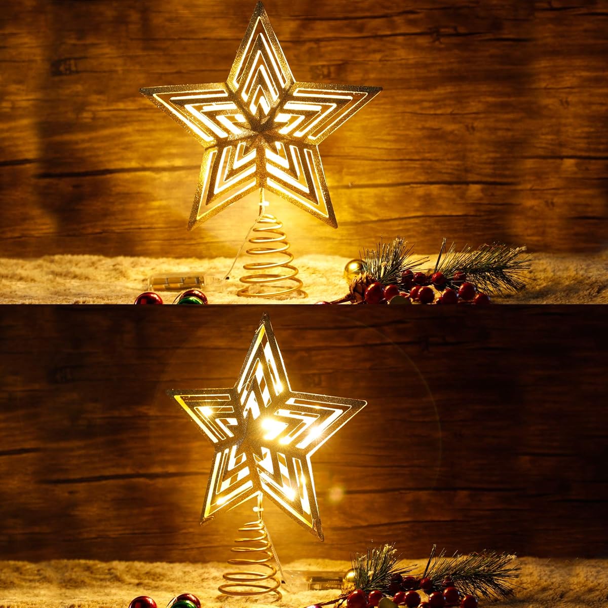 Lulu Home Christmas Tree Topper, 11.8" X 9.5" Golden Christmas LED Star Tree Topper, 20 LED Lighted Xmas Tree Star Topper Christmas Tree Ornament Decoration - imagen de detalle 3