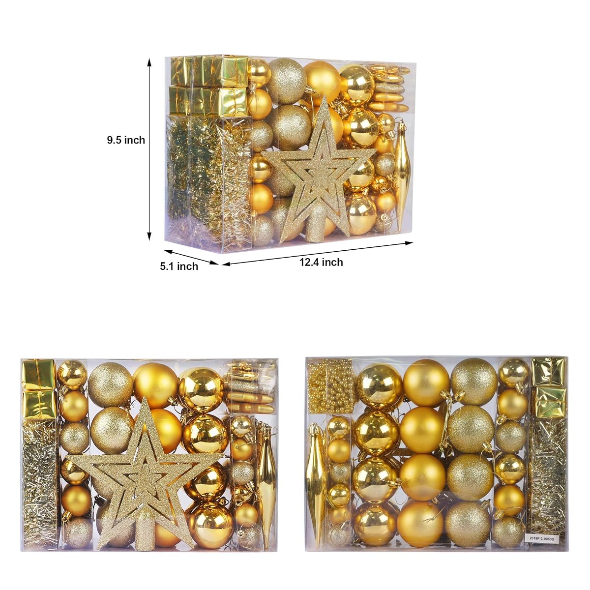 Lulu Home Assorted Christmas Tree Ornaments Set, 90 Pieces Including Balls Shuttle Five-Pointed Star Snowflakes Tree Top Star Mini Gift Boxes Tinsel Garland Bead Chain, Pre-Strung - imagen de detalle 1