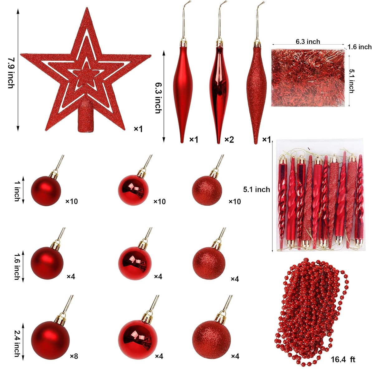 Lulu Home Christmas Assorted Ball Ornament, 75 Pieces Red Shatterproof Balls Xmas Seasonal Decorations for Xmas, Pre-Strung - detail image 2