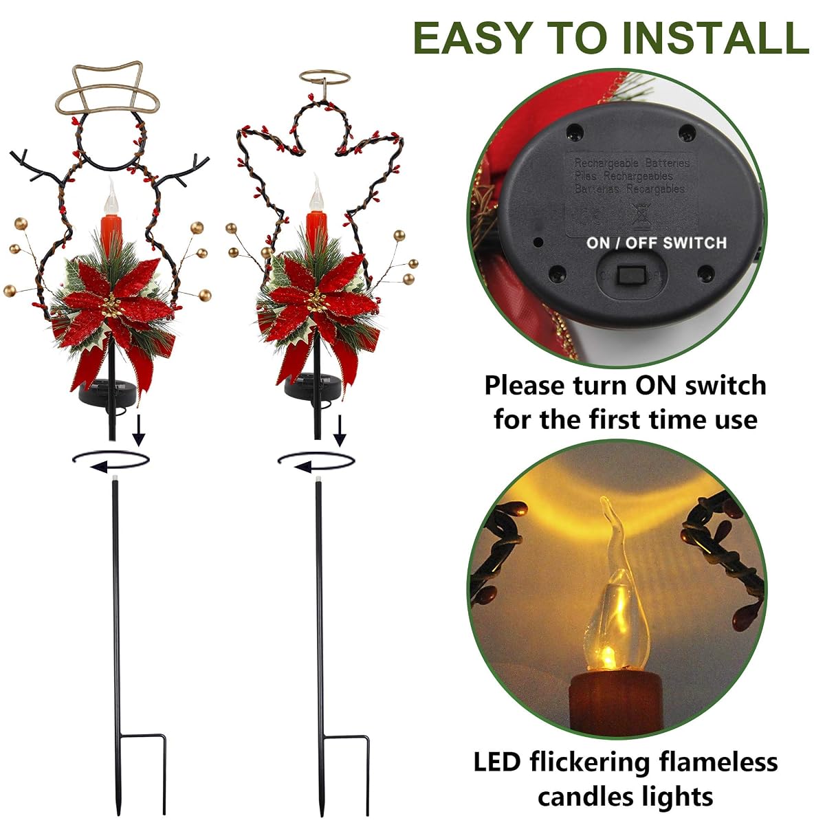 Lulu Home Solar Lighted Christmas Yard Stakes, 2 Pack 32 Inch Snowman Angle Solar Powered Lighted Metal Stakes for Lawn, Pathway, Sidewalk, Garden Outdoor Decoration - imagen de detalle 3