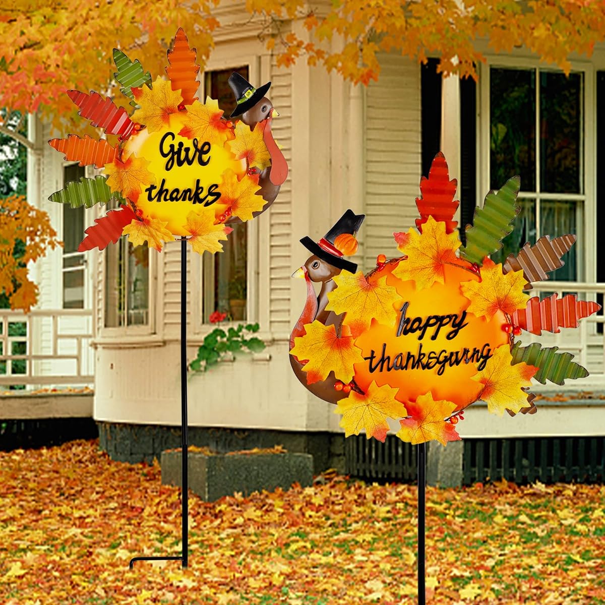 Lulu Home Thanksgiving Turkey Decors, 36" Give Thanks Metal Turkey Stakes Adorned with Maple Leaves Pumpkins, Happy Thanksgiving Autumn Fall Lawn Yard Outdoor Decorations, 2 Pack - 细节图 4