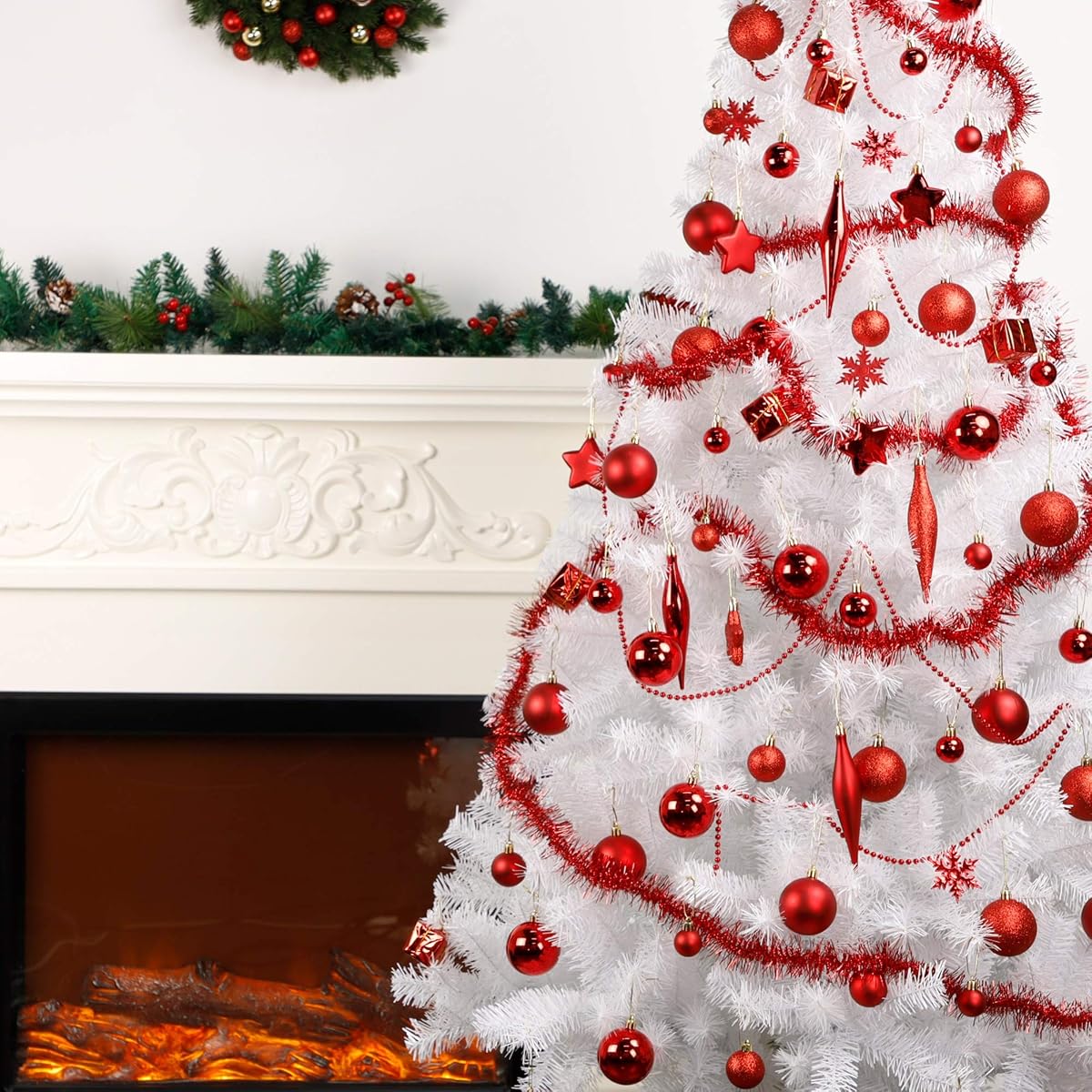 Lulu Home Christmas Assorted Ball Ornaments, 90 Pieces Including Balls Shuttle Five-Pointed Star Snowflakes Tree Top Star Mini Gift Boxes Tinsel Garland Bead Chain for Xmas, Pre-Strung - imagem de detalhe 6