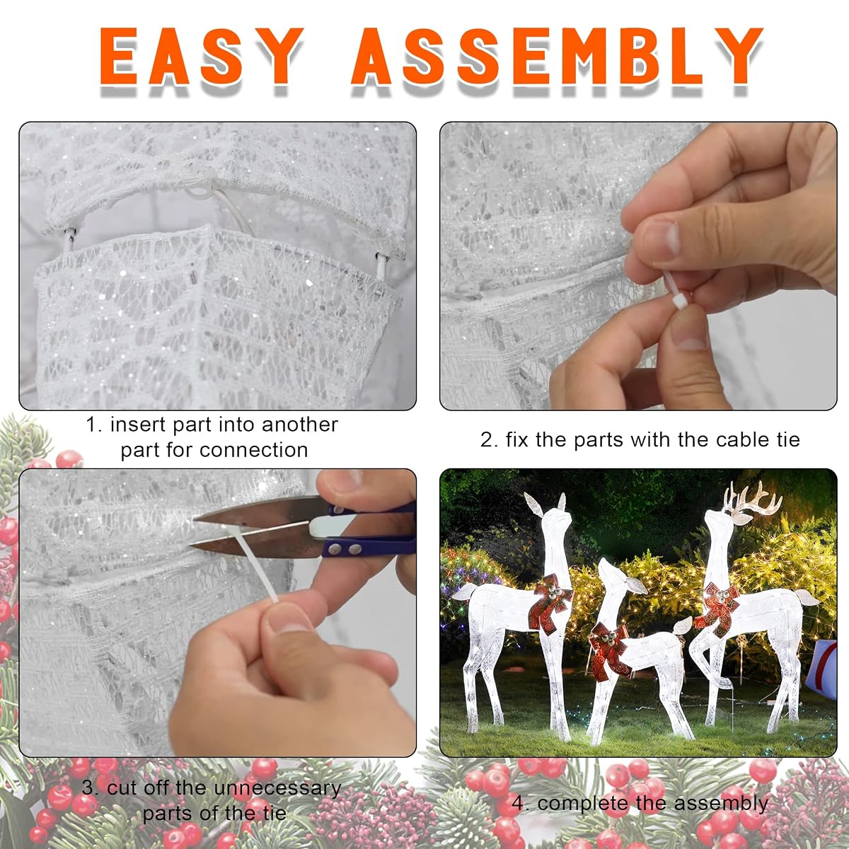Lulu Home Christmas Yard Decoration, 3-Piece Large Pre-lit White Reindeer with 265 LEDs White Lights, 60" H 3D Light Up Glittered Standing Reindeer Family for Lighted Holiday Display Indoor Outdoor - imagen de detalle 5