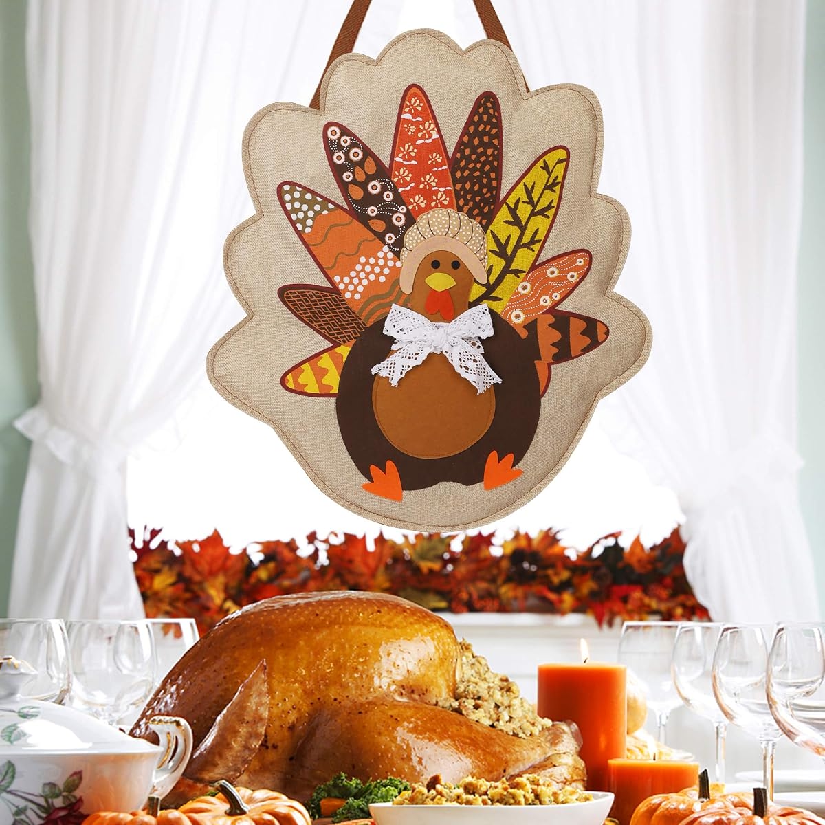 Lulu Home Thanksgiving Door Hainging Decoration, Fall Harvest Burlap Turkey Hanging Decor, Fall Thanksgiving Wall Decorations, Turkey Front Door Hanging Sign, Home Burlap Door Decor for Autumn - detail image 1