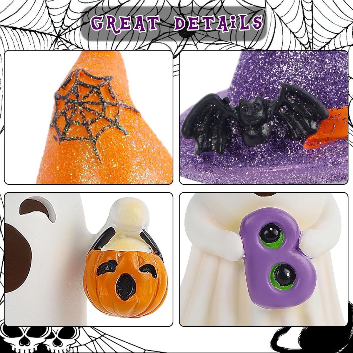 Lulu Home 3 Packs Halloween Tabletop Ornaments, 5.5" H Light Up Resin Ghosts Wearing Glittered Witch Hats, Boo Ghost Figurines for Indoor Fireplace Kitchen Shelf Holiday Decorations - detail image 2