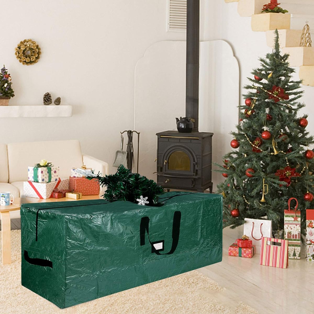 Lulu Home Christmas Tree Storage Bag, 65"x30"x15" Polyester Artificial Tree Storage Bag with Dual Zippers and Sturdy Handles, Fits Up to 9 Ft Disassembled Xmas Trees, Green - imagem de detalhe 6
