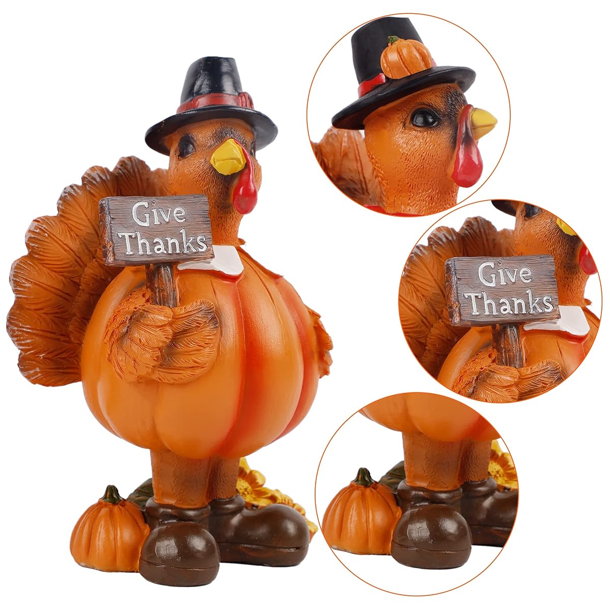 Lulu Home Thanksgiving Turkey Figurines, Give Thanks Resin Turkey Shelf Sitters, Thanksgiving Home Decor Craft Turkey Centerpiece Mantle Fall Fireplace Decor, 2 Pack - imagem de detalhe 6