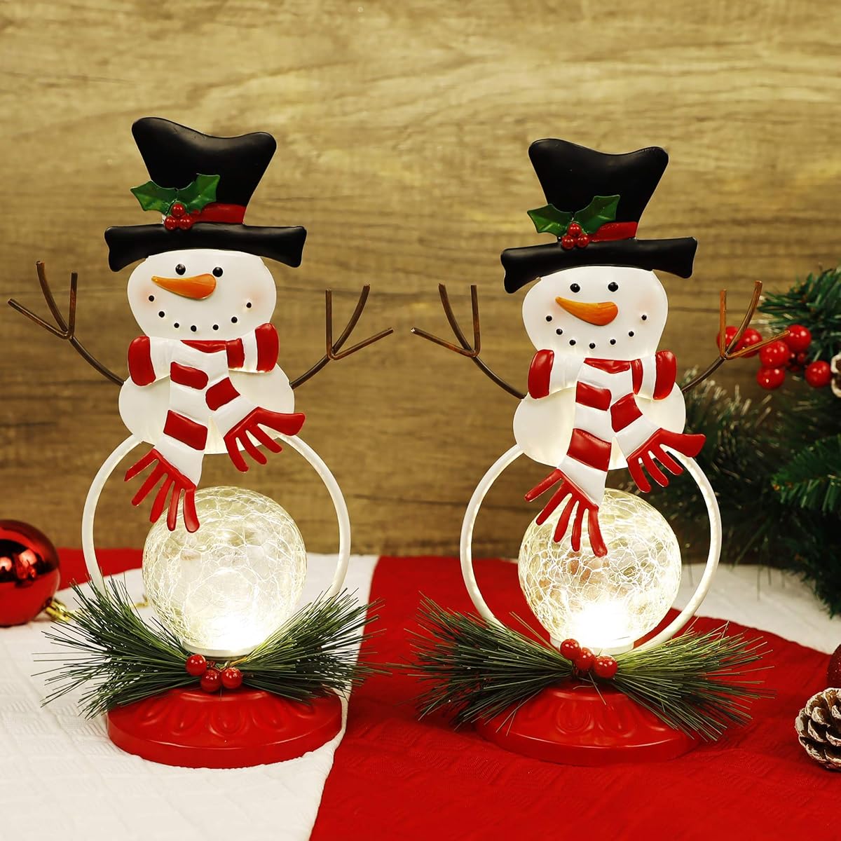 Lulu Home Lighted Christmas Table Decorations, 2 Pack 11.2 Inch Christmas Snowman Ornaments with Lighted Glass Ball, Battery Operated Lighted Snowman Decorations, Xmas Holiday Winter Tabletop Ornament - detail image 3