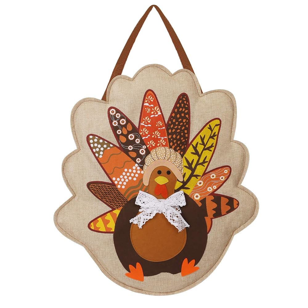 Lulu Home Thanksgiving Door Hainging Decoration, Fall Harvest Burlap Turkey Hanging Decor, Fall Thanksgiving Wall Decorations, Turkey Front Door Hanging Sign, Home Burlap Door Decor for Autumn
