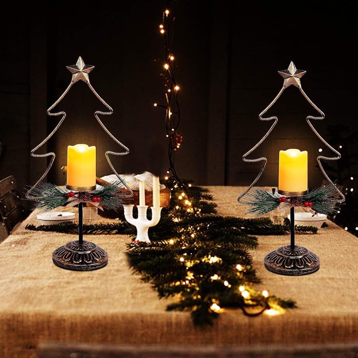 Lulu Home Lighted Christmas Table Decorations, 2 Pack 15.7 Inch Christmas Tree with Battery Operated Candle Lights, Light Up Christmas Tabletop Decorations, Xmas Holiday Winter Tabletop Desk Ornament - imagen de detalle 6