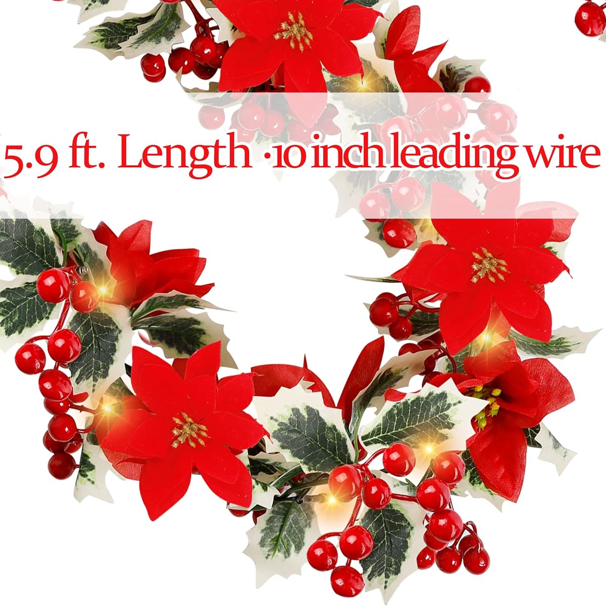 Lulu Home 5.9FT Pre-lit 20 LED Christmas Holly Leaves Garland Decorated with 18 Pinecones, Battery Operated Christmas Lighted Poinsettia Garland Indoor Outdoor for Fireplace, Staircase Decor - imagem de detalhe 3