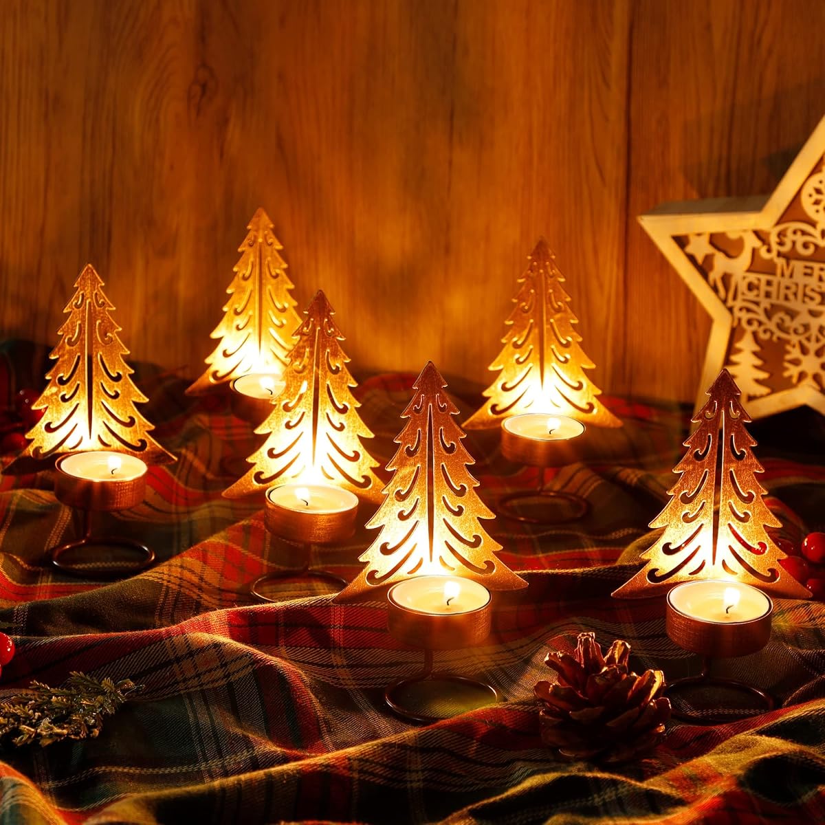 Lulu Home Christmas Tea Light Candle Holders, 6 Pack 5.5" H Metal Christmas Tree Tealighht Candle Stands, Miniature Xmas Pine Tree Tabletop Mantel Holiday Housewarming Ornament Decorations - detail image 5