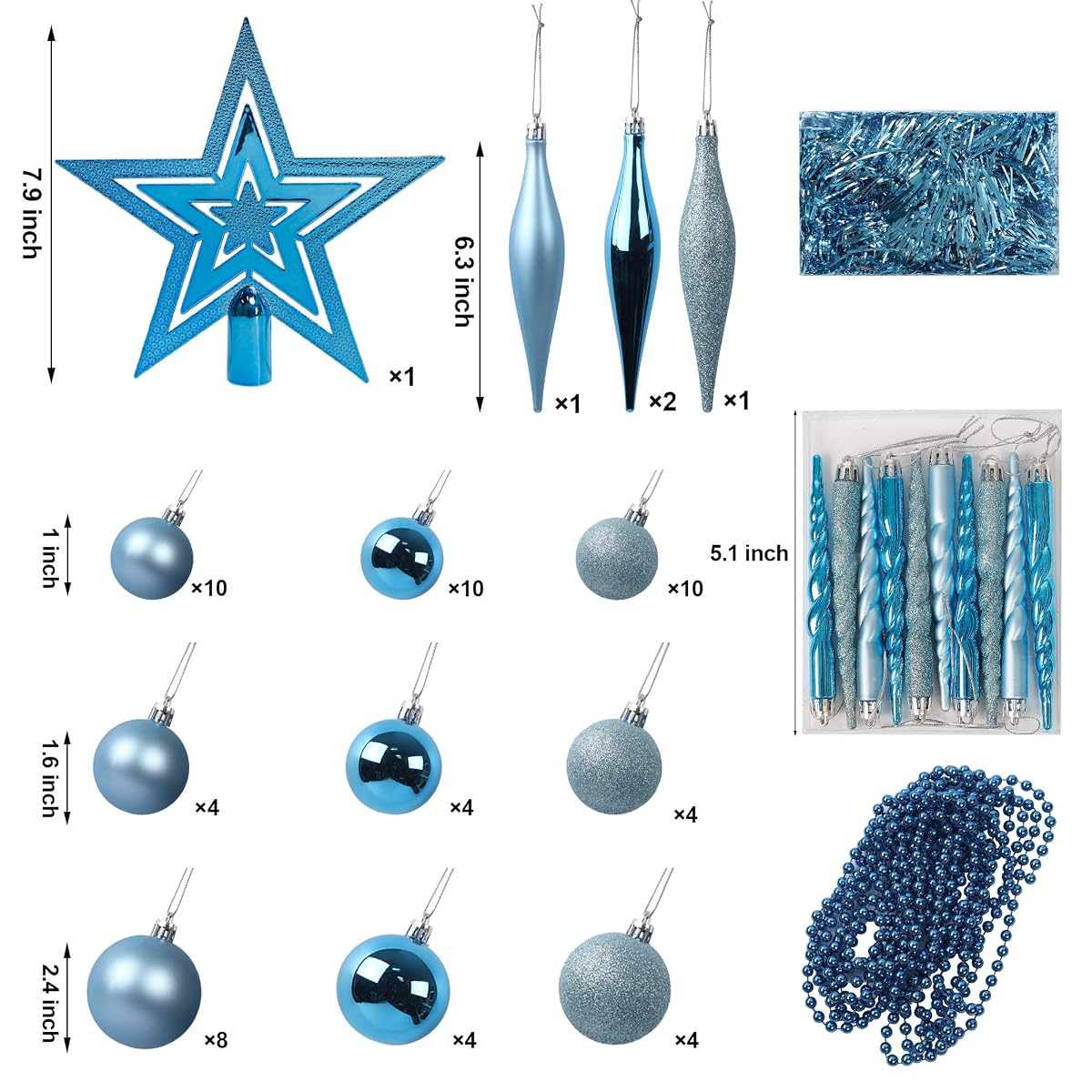 Lulu Home Assorted Christmas Tree Ornaments Set, 75 Pieces Blue Shatterproof Balls Xmas Seasonal Decorations for Easter Decoration, Pre-Strung - imagen de detalle 2