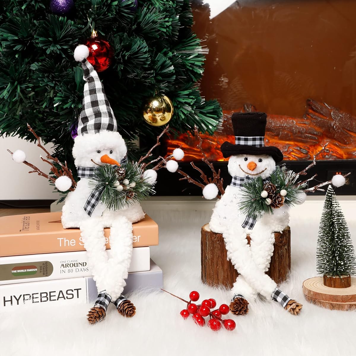 Lulu Home Christmas Snowman Decorations, Set of 2 Plush Shelf Sitters with Dangling Legs, Buffalo Checked Christmas Snowman Ornaments for Table Mantel Desk Fireplace Home Holiday Decor - detail image 3