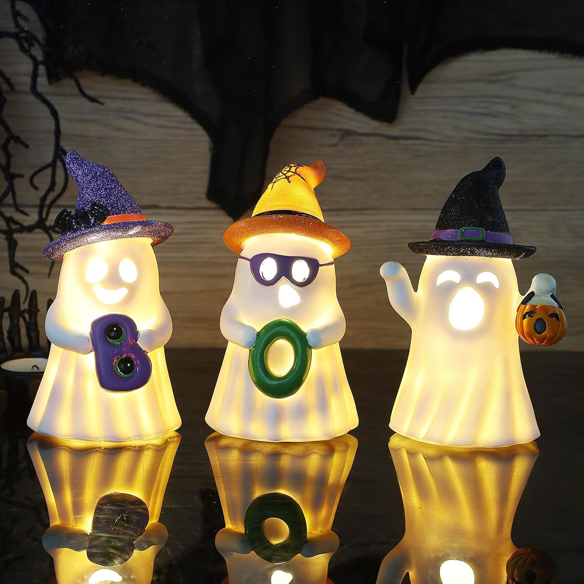 Lulu Home 3 Packs Halloween Tabletop Ornaments, 5.5" H Light Up Resin Ghosts Wearing Glittered Witch Hats, Boo Ghost Figurines for Indoor Fireplace Kitchen Shelf Holiday Decorations - detail image 4