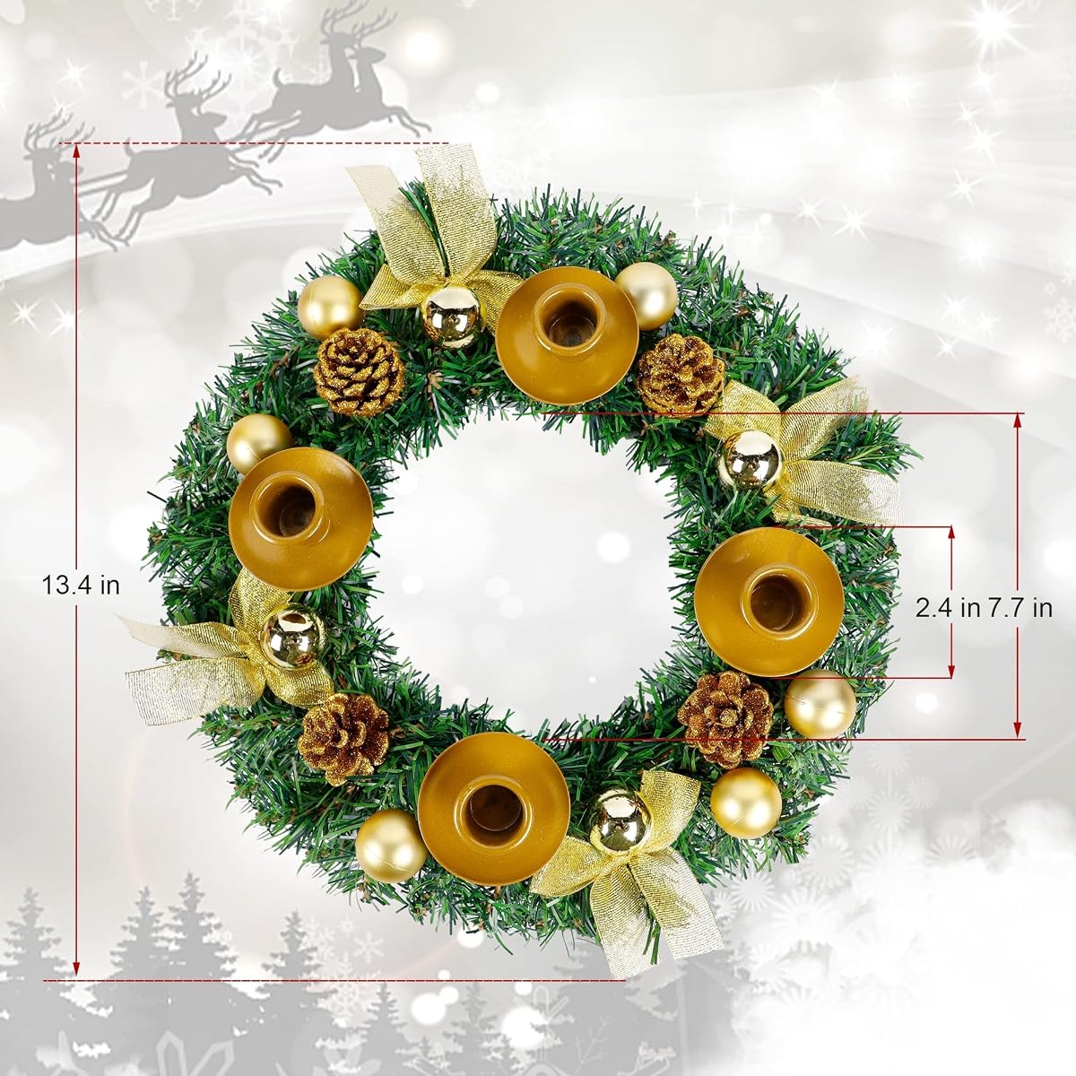 Lulu Home Christmas Advent Wreath, 13.4 Inch X-mas Golden Ribbon Advent Wreath with 4 Candle Holders Adorned Christmas Balls Pine Cones, Holiday Tabletop Candles Centerpieces Decoration - detail image 2