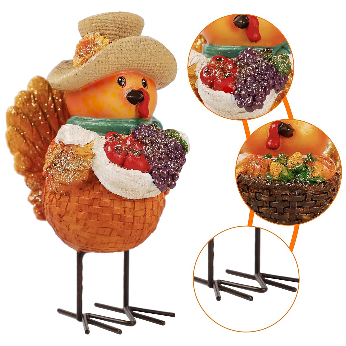 Lulu Home Thanksgiving Turkey Figurines, 2 Pack Resin Turkey Ornaments with Metal Legs Autumn Shelf Sitters, Thanksgiving Craft Turkey Fruit Kitchen Figurines Fall Fireplace Home Decor - imagem de detalhe 5