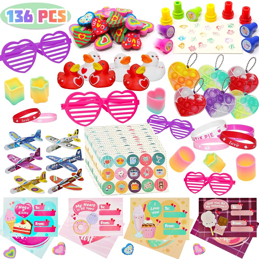 Lulu Home 136 PCS Valentine's Day Party Favors for Kids, Heart Shaped Glasses, Rubber Ducks, Erasers, Slinky, Bracelets, Stampers and more Novelty Toys Assortment for Classroom Prizes Gift Exchange
