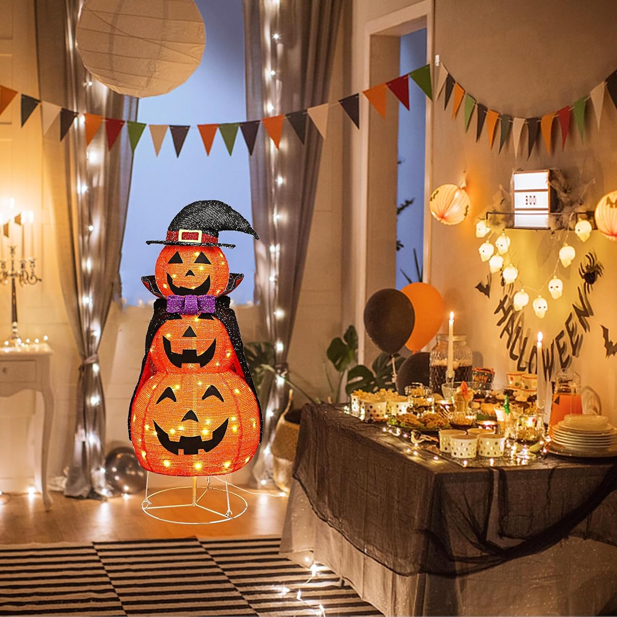 Lulu Home 3.5FT Light Up Halloween Decoration, 60 LED Collapsible Stacked Pumpkins with Vampire Cloak, Plug-in Pre-lit Jack-O-Lantern Front Door Porch Indoor Outdoor Decoration - imagen de detalle 6