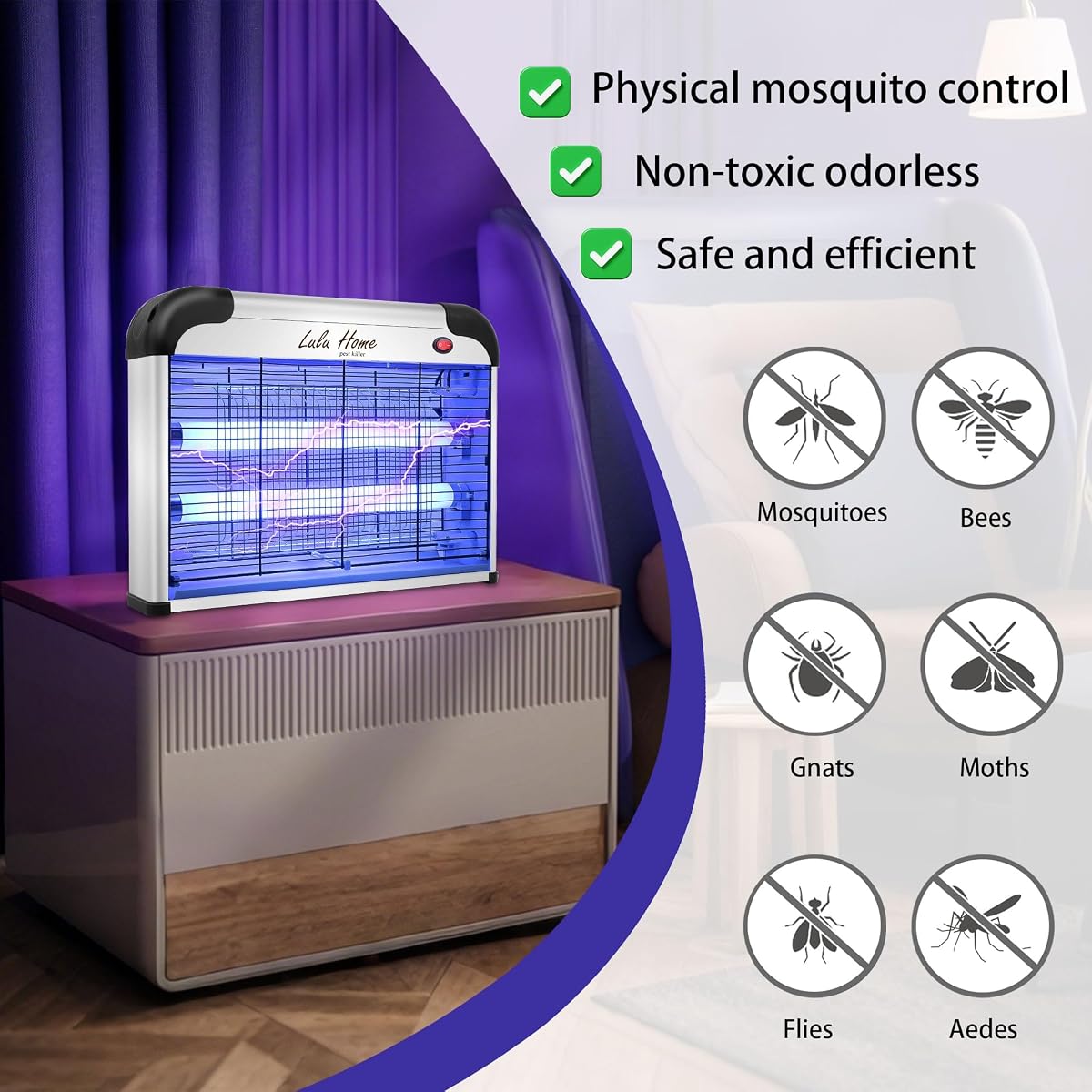 Lulu Home Electric Bug Zapper, Aluminium Indoor Mosquito Killer Insect Trap for Mosquito, Bug, Fly with Powerful 2800V Grid 25W Bulbs - detail image 2