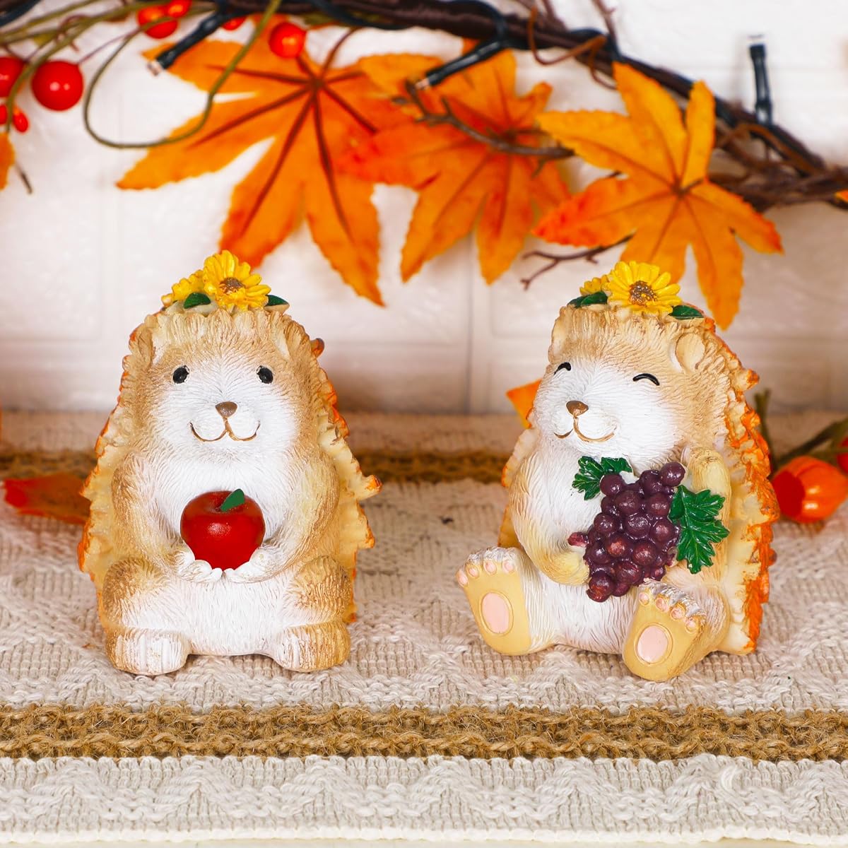 Lulu Home Fall Decorations for Home, 2 Packs Harvest Hedgehog Resin Sculpture with Maple Leaves & Fruits, Autumn Tabletop Ornaments Craft Decor for Thanksgiving and Fall Season - detail image 4