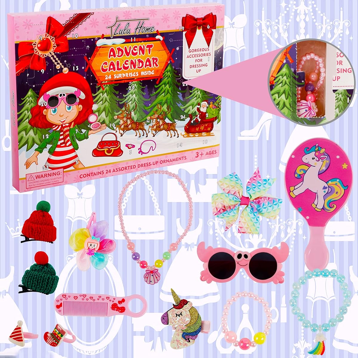 Lulu Home 2022 Christmas Advent Calendars, 24 Pcs Girls Dressing Up Accessories for Christmas 24 Days Countdown, Sunglasses Rings Necklace Hair Clips Christmas Gifts for Kids Princess Game Favor - 细节图 2