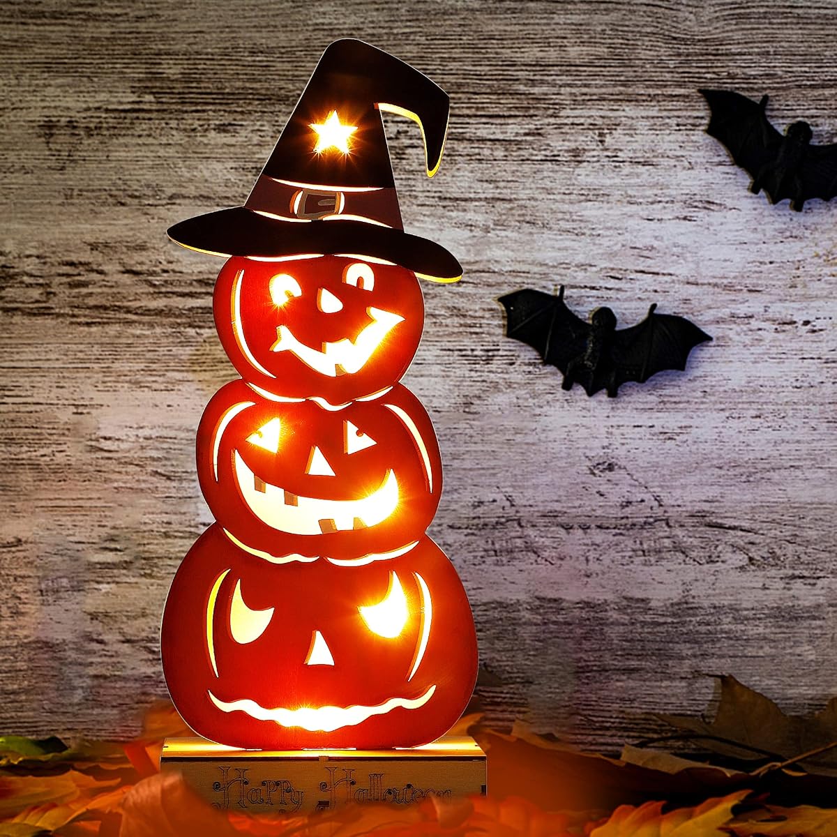 Lulu Home Halloween Tabletop Decoration, Wooden Lighted Stacked Jack-O-Lantern Decoration, Battery Operated Pumpkin Sign Indoor Fireplace Desk Kitchen Table Ornament, 16 x 6.5 x 2.7 in - imagem de detalhe 3