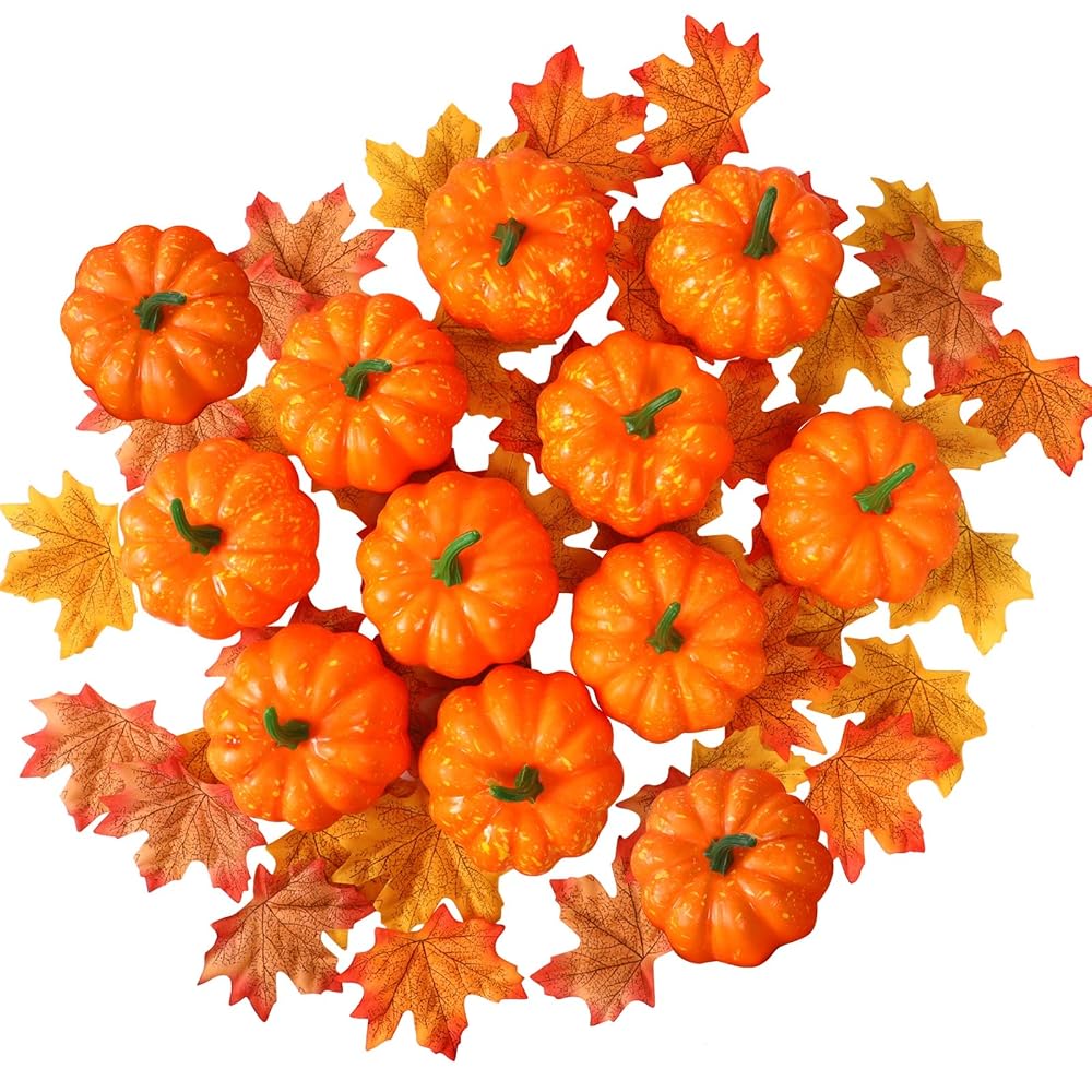 Lulu Home Fall Day Pumpkin Decorations, 12 Packs Artificial Mini Pumpkins and 30 Pcs Fake Maple Leaves, Autumn Plastic Pumpkin Decorating for Harvest