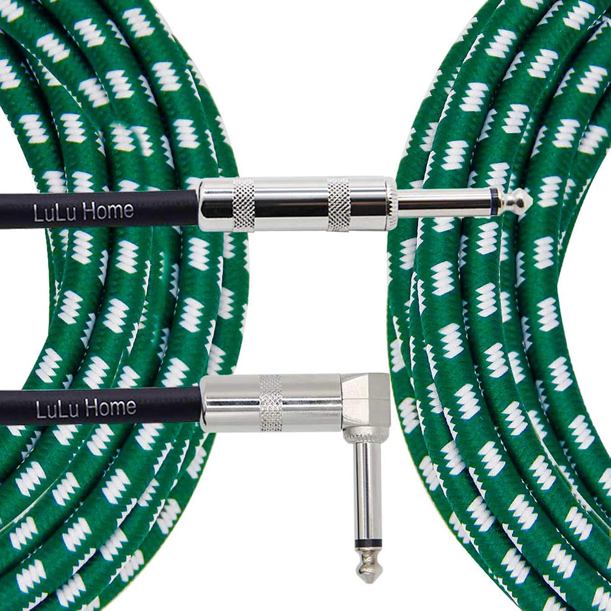 Lulu Home 10 Feet Guitar Cable, Professional Instrument Cable, Straight 1/4" TS to Right Angle 1/4" TS for Electric Guitar, Bass, Pro Audio, Green-White - imagem de detalhe 2