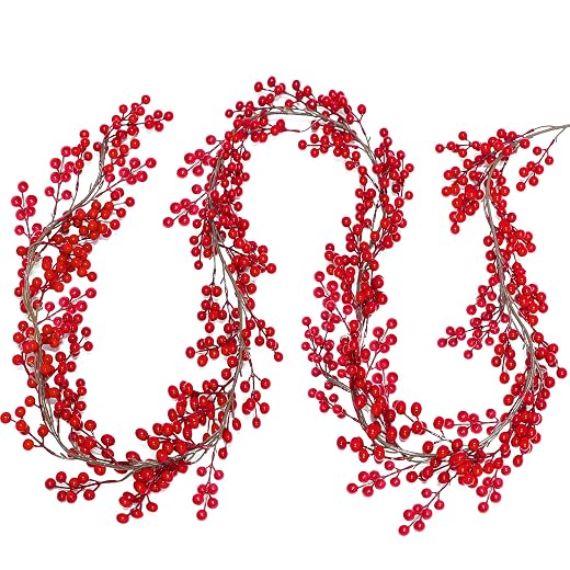 Lulu Home Red Berry Garland, 8.9FT Flexible Artificial Christmas Holly Berry Vine, Winter Berry Garland for Mantle Xmas Tree Window Door Hanging Indoor Outdoor Holiday Decoration (1)