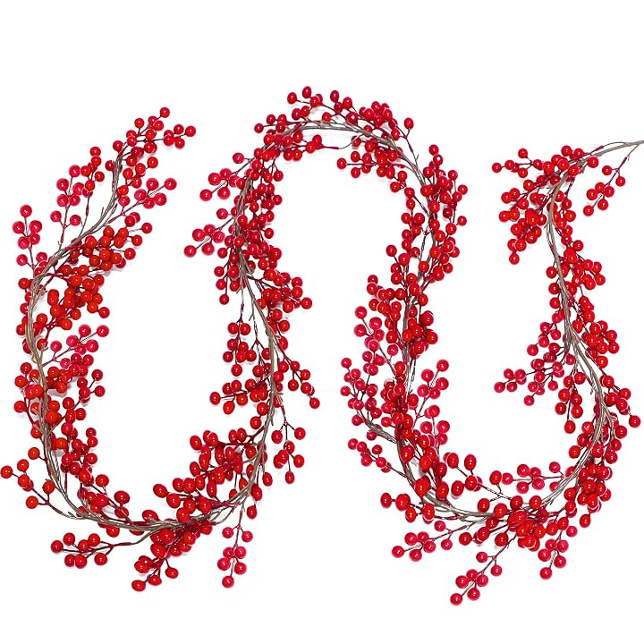 Lulu Home Red Berry Garland, 8.9FT Flexible Artificial Christmas Holly Berry Vine, Winter Berry Garland for Mantle Xmas Tree Window Door Hanging Indoor Outdoor Holiday Decoration (1)