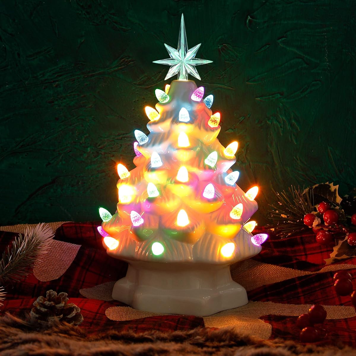 Lulu Home Ceramic Christmas Tree, 10 Inch LED Light Up Ceramic Tabletop Christmas Tree with 54 Multicolored Lights and a 7 Point Star Topper, White Mini Vintage Lighted Ceramic Tree for Tabletop - detail image 6
