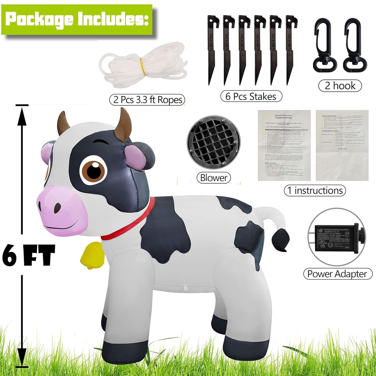 Lulu Home 6FT Inflatable Cow Decoration, Giant Blow Up Dairy Cattle with Built-in LED Lights, Air-Blown Animal Spring Summer Holiday Display for Yard Garden Lawn Indoor Outdoor Farm-Themed Party Decor - imagen de detalle 1