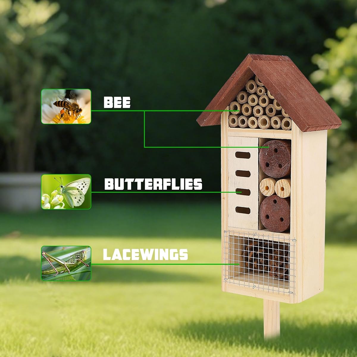 Lulu Home Wooden Insect House with Stake, Hanging & Inserting Two Mount Ways Insect Hotel for Bee, Butterfly, Ladybirds, Beneficial Insect Habitat, Bug Hotel Garden, 19.7 X 3.4 X 5.4 Inch - imagen de detalle 3