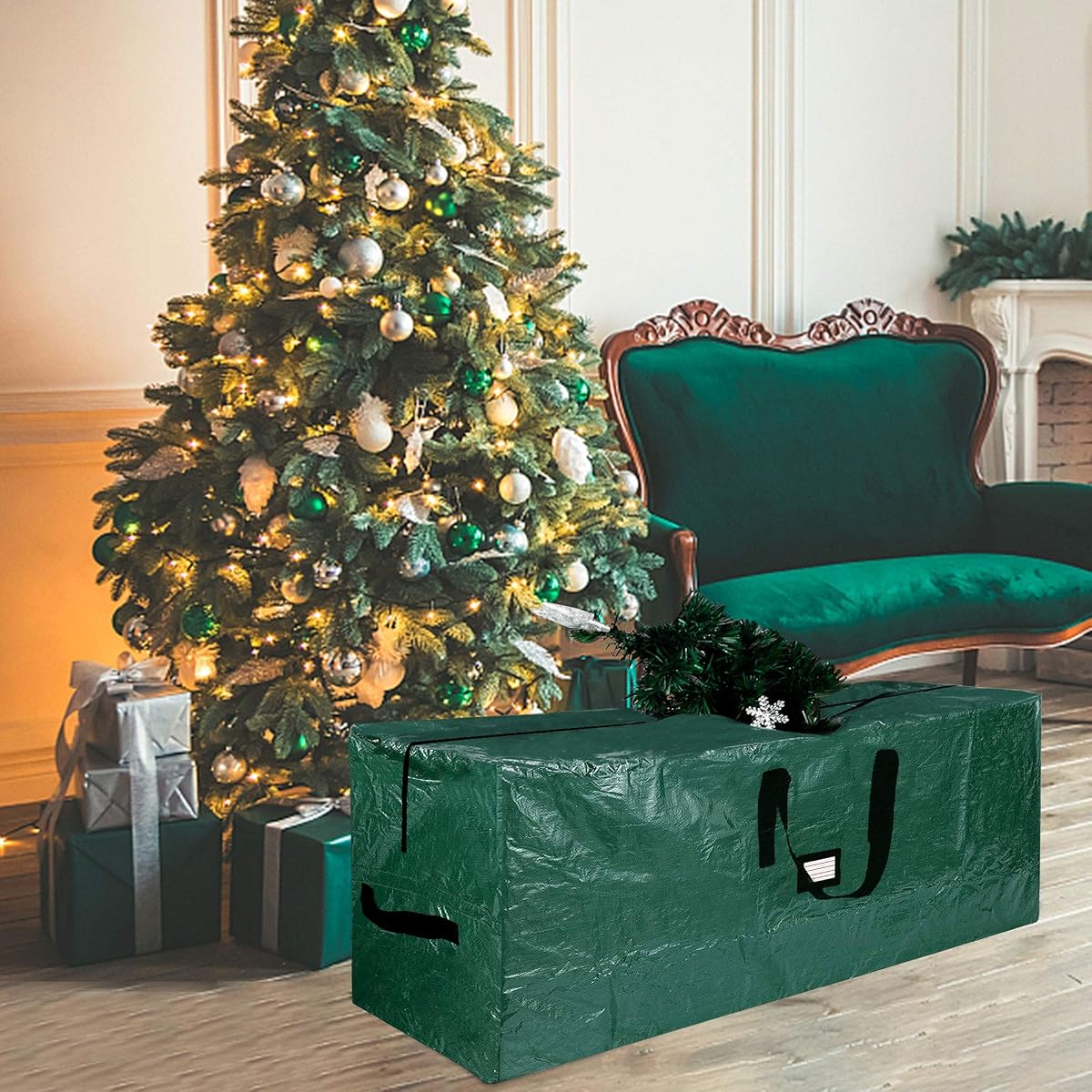 Lulu Home Christmas Tree Storage Bag, 50"x20"x15" Polyester Artificial Tree Storage Bag with Dual Zippers and Sturdy Handles, Fits Up to 7 Ft Disassembled Xmas Trees, Green - 细节图 5