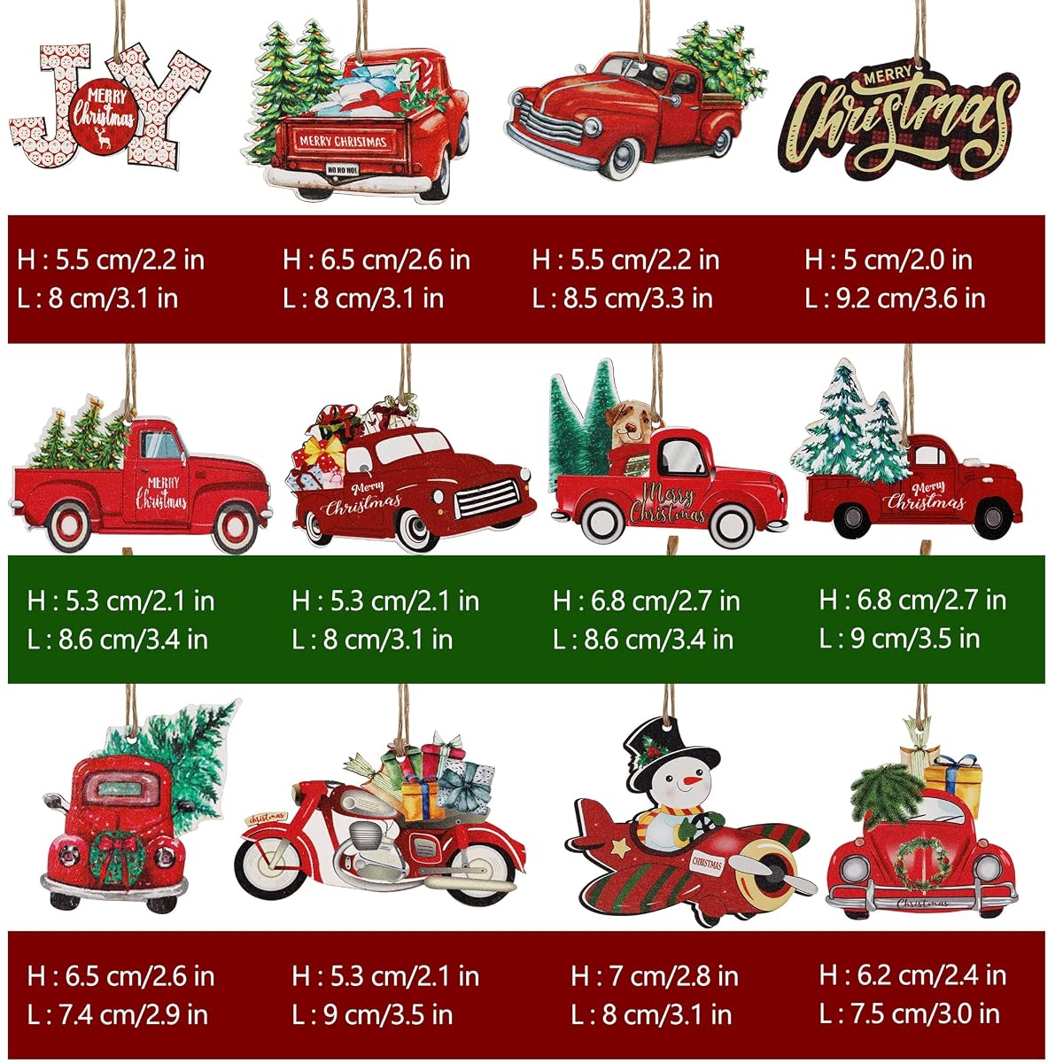 Lulu Home Christmas Hanging Ornaments, 12 Pcs Wooden One-side Printed Christmas Hanging Decorations, Red Truck Snowman Joy Hanging ornaments for Xmas tree Gift DIY Crafts - imagem de detalhe 1