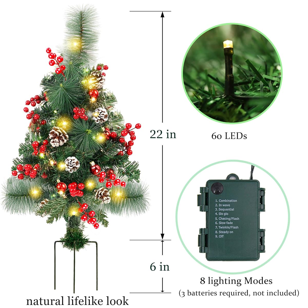 Lulu Home 2 Pack 2 Ft Pre-Lit Pathway Christmas Trees with Stake, Battery Operated 60 LED Lighted Small Christmas Trees Yard Stake Outdoor Decoration with Red Berries, Red Balls, Pine Cones - imagen de detalle 1