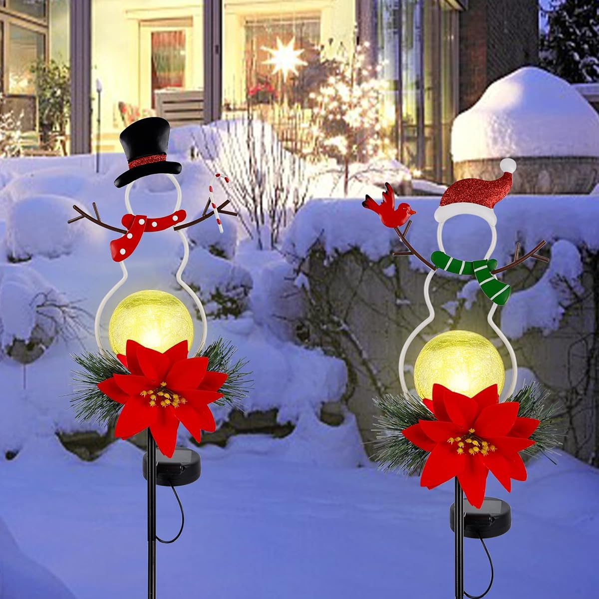 Lulu Home Christmas Yard Stakes, 31" Metal Snowman Garden Stakes with Solar Lighted Led Glass Balls for Xmas Holiday Winter Lawn, Pathway, Sidewalk Outdoor Decorations, Set of 2 - 细节图 6