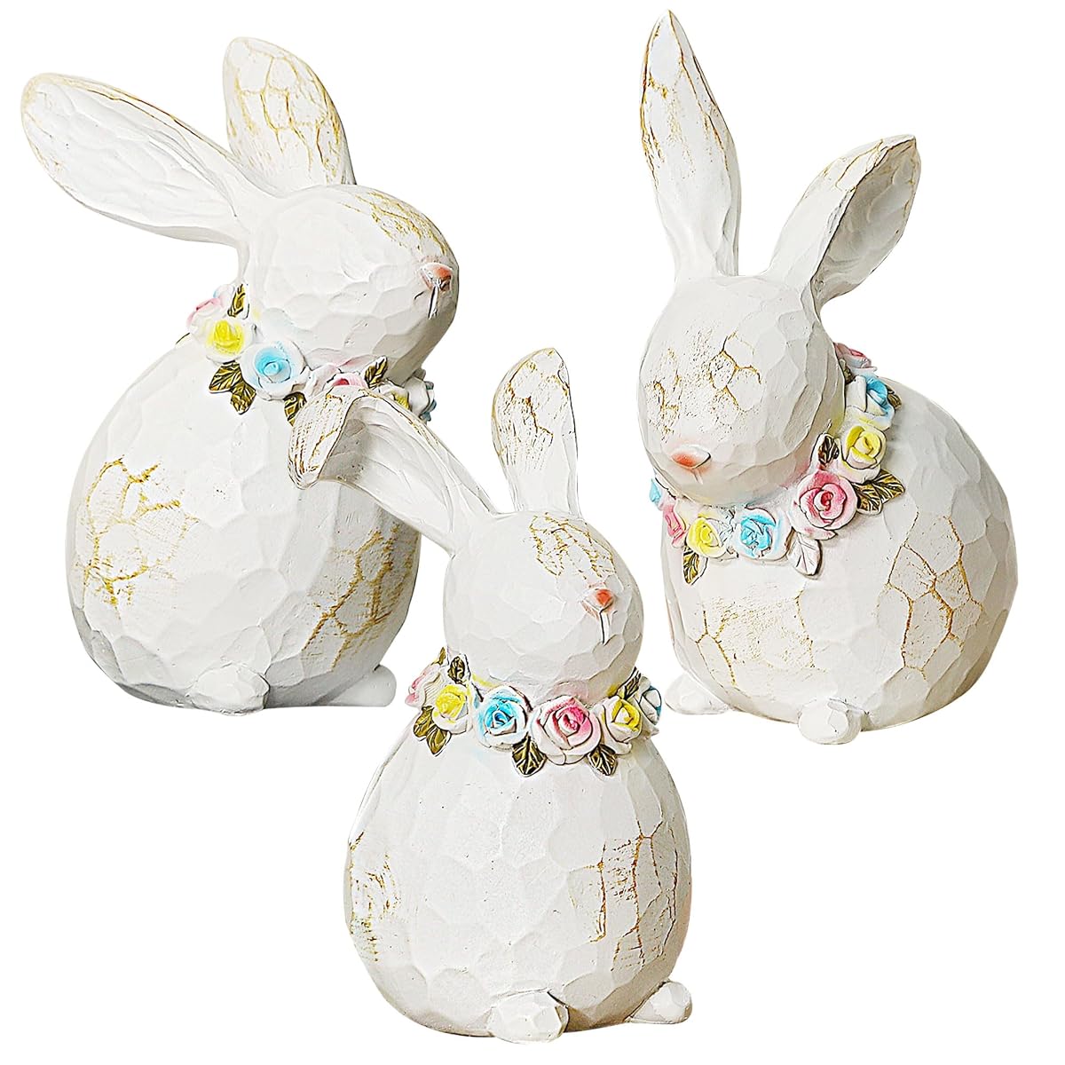 Lulu Home 3 Packs Easter Tabletop Ornaments, Resin White Bunnies Figurines with Floral Wreaths Around Necks, Standing Rabbit Statues for Spring Garden Home Mantel Indoor Outdoor Decorations - detail image 2