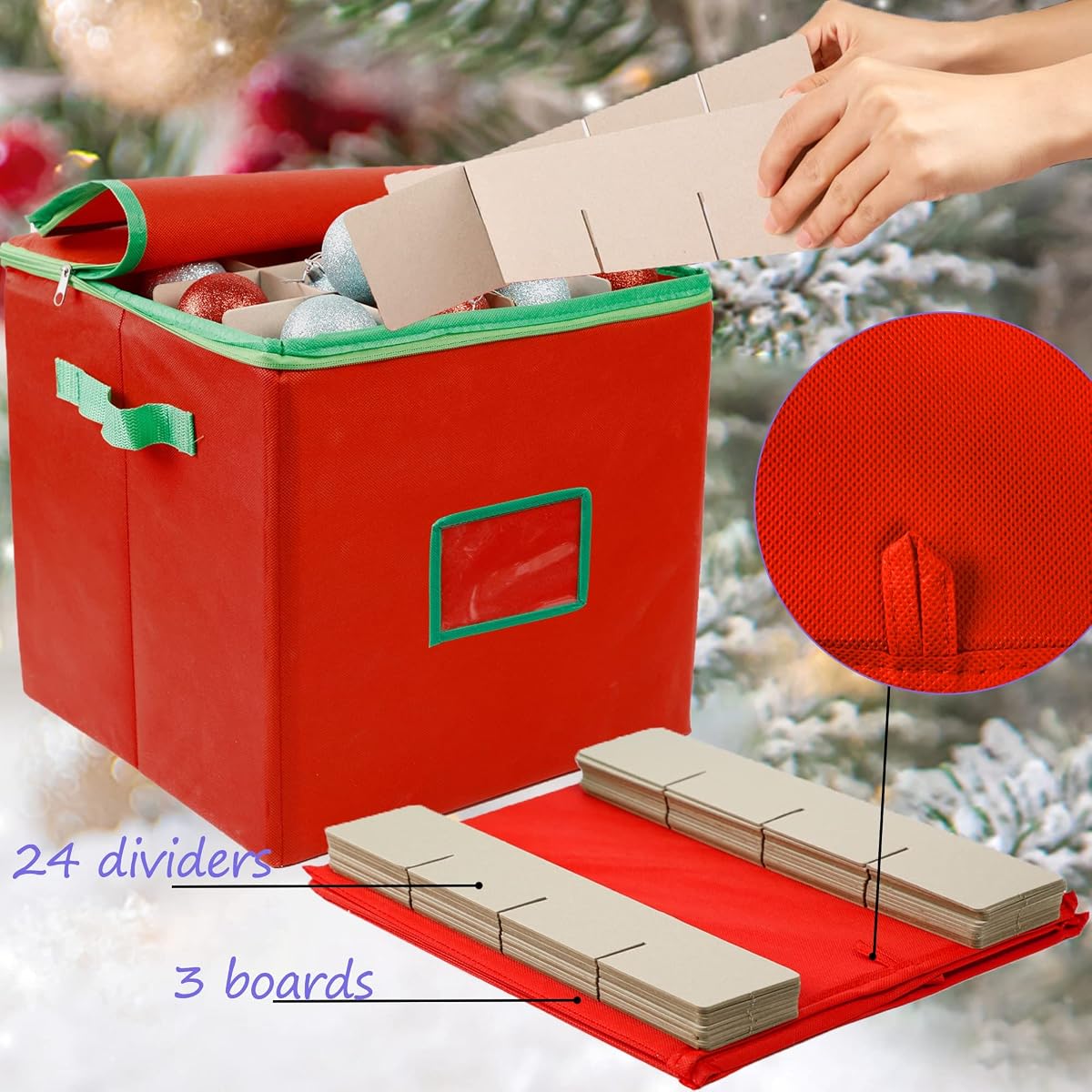 Lulu Home Christmas Ornament Storage Container, 600D Oxford Fabric Christmas Balls Storage Boxes, 4 Layers Ornament Storage Boxes Stores Up to 64 Ornaments with Zippered Closure and Two Handles, Red - imagem de detalhe 2