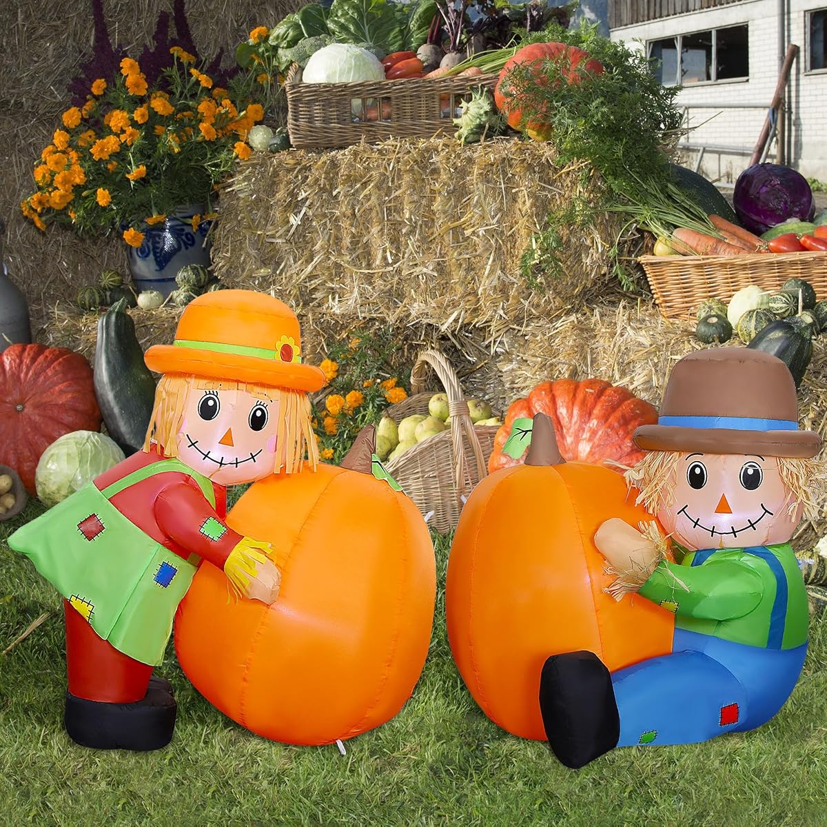 Lulu Home Thanksgiving Inflatable Decoration, Set of 2 Air Blown Scarecrow Couples with Built-in LED Lights for Fall Autumn Harvest Decor (Sitting & Standing Scarecrows) - imagem de detalhe 5