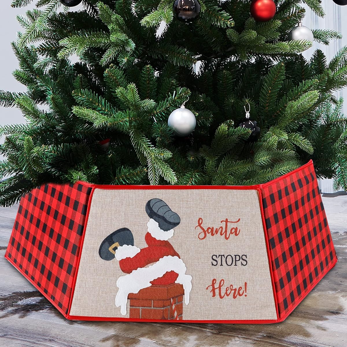 Lulu Home Christmas Tree Collar, 25 Inch - 33 Inch Foldable Hexagon Buffalo Plaid Christmas Tree Fabric Base Collar with Santa Goes Down the Chimney, Xmas Tree Bottom Stand Cover Under Tree Decoration - imagen de detalle 3