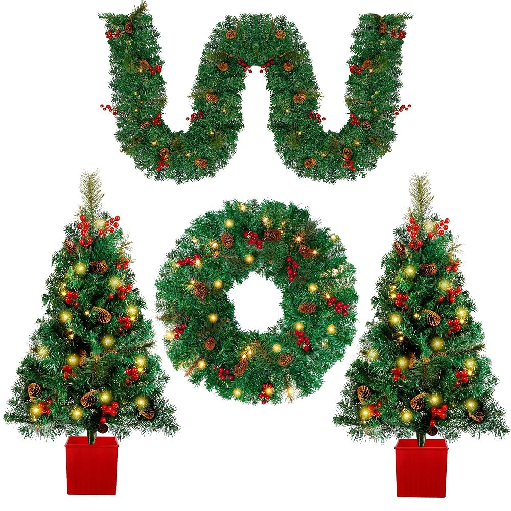 Lulu Home 4 Piece Christmas Decorations, Pre-Lit 2 Pack 3' Christmas Tree 24" Wreath and 8.9' Garland, Artificial Christmas Decorative Set for Indoor Outdoor Xmas Decoration