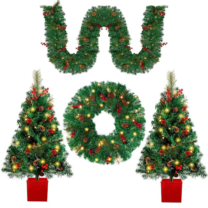 Lulu Home 4 Piece Christmas Decorations, Pre-Lit 2 Pack 3' Christmas Tree 24" Wreath and 8.9' Garland, Artificial Christmas Decorative Set for Indoor Outdoor Xmas Decoration