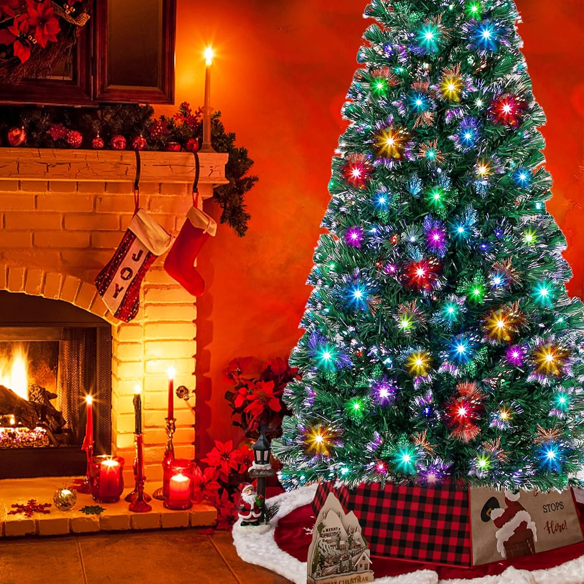 Lulu Home Prelit Christmas Tree, 7FT Artificial Fiber Optic Tree with 270 Branches and Topper Star, 275 LED Colorful Lighted Xmas Green Pine Tree with Metal Stand for Indoor Outdoor Holiday Decoration - imagen de detalle 5
